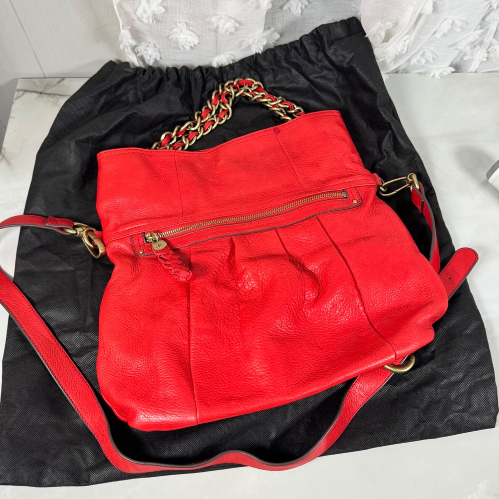 B. Makowsky Red Pebbled Leather Convertible Handbag Chain Handles Shoulder Strap